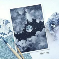 an art work with clouds and a full moon in the sky