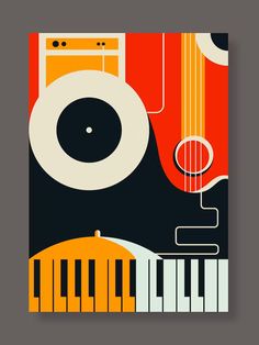 an abstract poster with musical instruments and music notes in orange, black, and white