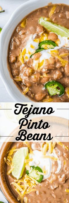 two pictures of bean soup and beans in a bowl