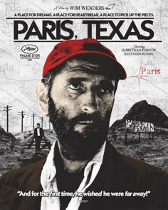 the movie poster for paris, texas with an image of a man in a red hat