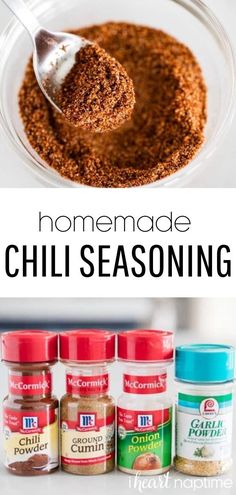 homemade chili seasoning recipe in a glass bowl with spoon