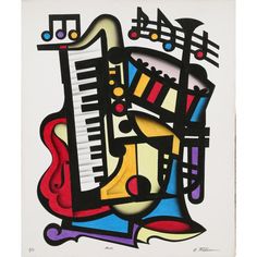 an abstract painting with musical instruments and music notes on white paper, in the style of cubism