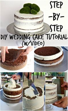 step by step instructions on how to make a wedding cake with chocolate and white frosting