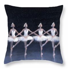 three ballerinas throw pillow featuring four ballet dancers in white tutus and pink skirts