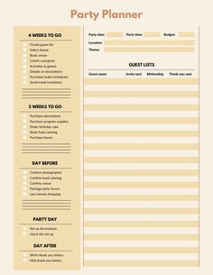 a printable party planner with instructions for guests to do and not leave the venue