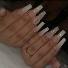 Long Acrylic Nail Designs, Ombre Acrylic Nails, Glamour Nails, Nails Design With Rhinestones, White Acrylic Nails, Cute Acrylic Nail Designs, Long Square Acrylic Nails