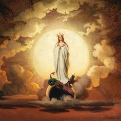 a painting of the virgin mary on top of a bull with clouds in the background