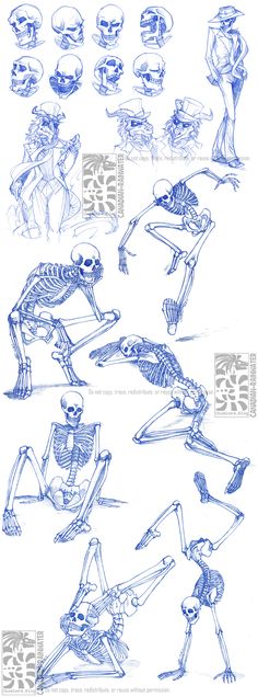 some drawings of skeletons in various poses and positions, all with different facial expressions on their faces