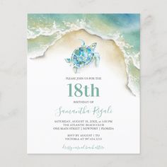 an ocean themed birthday party card with a turtle on the beach and waves coming in from the water