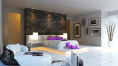 a modern bedroom with white and purple decor