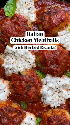 italian chicken meatballs with herbed ricotta in a skillet, topped with mozzarella and basil