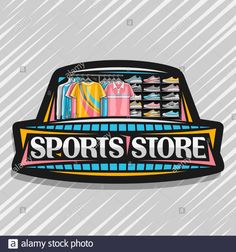 a sports store sign with clothes and shoes in the shop window epstng on grey background