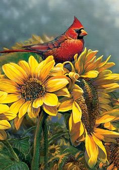 a painting of two birds sitting on top of sunflowers