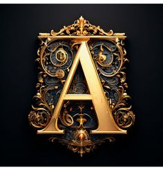 the letter a is made up of ornate gold and black designs on a black background