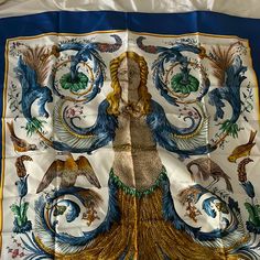 Hermes Silk Scarf "Ceres" By Franoise Faconnet Featuring A Navy Border, A Herms Signature. Circa 1990 In Good Vintage Condition. Made In France. 35,4in. (90cm) X 35,4in. (90cm) Hermes Blue, Hermes Silk Scarf, Hermes Silk, Silk Twill Scarf, Hermes Accessories, Silk Twill, Silk Scarf, Made In France, Scarf Wrap