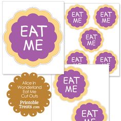 purple and yellow stickers with the words eat me, eat me written on them