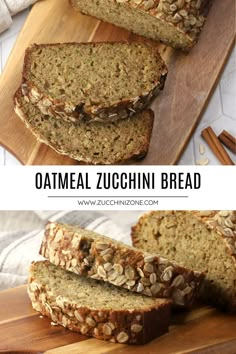 sliced loaf of oatmeal zucchini bread on a wooden cutting board