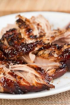 barbecued pork with bbq sauce on a white plate, ready to be eaten