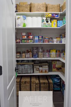 an organized pantry with baskets and food items