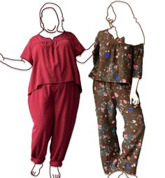 two mannequins are standing next to each other, one is wearing pajamas