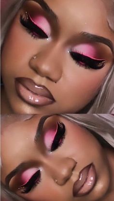 Pink Hair And Makeup Ideas, Pink And Gold Glam Makeup, Black And Hot Pink Makeup, Pink Dramatic Makeup, Makeup Look For Birthday, Face Beat Makeup Glitter, Barbie Makeup Look Black Women, Make Up Glam Look, Nicki Minaj Makeup Looks