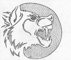 a drawing of a wolf's head in the shape of a circle with an open mouth