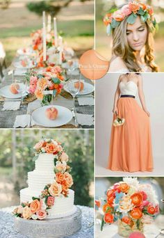 an orange and white wedding color scheme with flowers on the top, bottom, and bottom tier