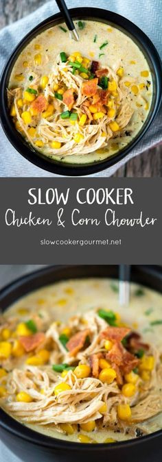 slow cooker chicken and corn chowder soup in a black bowl with a spoon