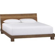 a bed with white pillows and wooden headboard on it's sides, against a white background