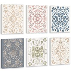 four different types of decorative wallpapers in various colors and designs on white background