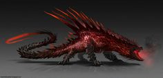 a red and black dragon is standing in the dark