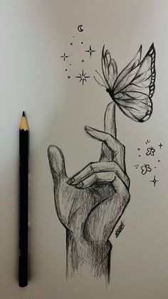 Butterfly On Hand Painting, Butterfly Hand Drawing, Butterfly On Finger Drawing, How To Sketch Step By Step For Beginners, Stuff To Draw For Your Girlfriend, Sketch Book Doodles Aesthetic, Hand And Butterfly Drawing, Aesthetic Sketches Pencil, Pencil Art Drawings Aesthetic Easy Black