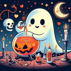 there is a cartoon ghost holding a pumpkin