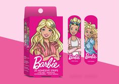 the packaging for barbie's new hair products is shown in pink and white colors