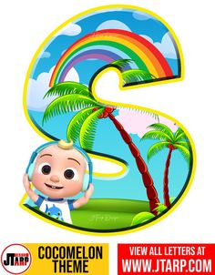 the letter s is for cocomelon and there are two palm trees in front of it