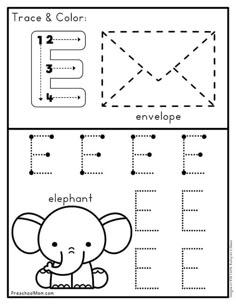 the letter e worksheet with an elephant