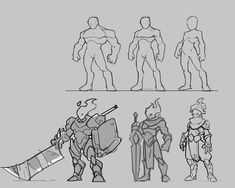 the concept art for an animated character, including several different poses and armors to be used