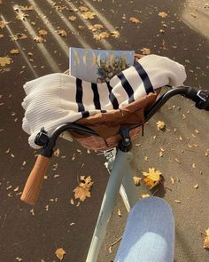 a person is sitting on a bike with a book in the basket and leaves all around them