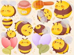 a bunch of bees with honey and hearts on the side, surrounded by other bums