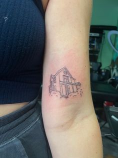 Fine line tattoo house tattoo Fine Line Building Tattoo, Tattoo Of House, Tattoo Ideas For Group Of 3, Outline Of House Tattoo, To Build A Home Tattoo, Childhood House Tattoo, Tattoos Of Houses, Tattoos Childhood, Simple House Tattoo