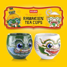 two cups with painted faces on them are sitting in front of a sign that says ramekin tea cups