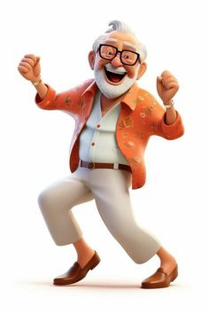 an old man with glasses and a beard is dancing in front of a white background