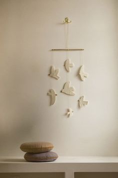 a white wall with some birds hanging from it's sides and two rocks on the ground