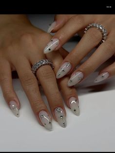 Star Nail Designs Simple, Short Almond Nails With Rhinestones, Nail Art Designs New Years, Studded Nail Art, Silver Celestial Nails, 2024 Almond Nails, Almond Bday Nails, Nails With Small Gems, Divine Feminine Nails