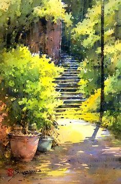 a painting of steps leading up to trees