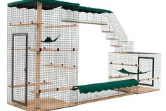 Large steel mesh Catio with two Enclosures (one with four sides and one with three sides), connected by several Tunnels and Stairs. Diy Cat Door In Door, Cat Catio, Pet Diy, Trim Options, Patio Enclosures, Outdoor Cat