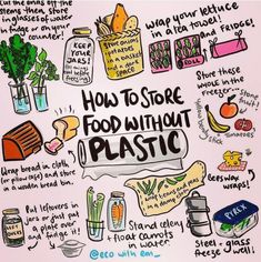 how to store food without plastic is shown in this hand - drawn illustration, with the words'how to store food without plastic'written on it