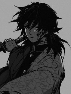 an anime character with long black hair holding a knife in his hand and looking at the camera