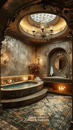 an ornate bathroom with a jacuzzi tub, chandelier and round mirror