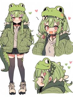 Character Sheet Inspiration, Concept Character Sheet, Childish Character Design, Flat Color Art Style, Simple Anime Art Style, Alligator Anime, Green Outfit Drawing, Green Anime Hair, Anime Oc Character Design